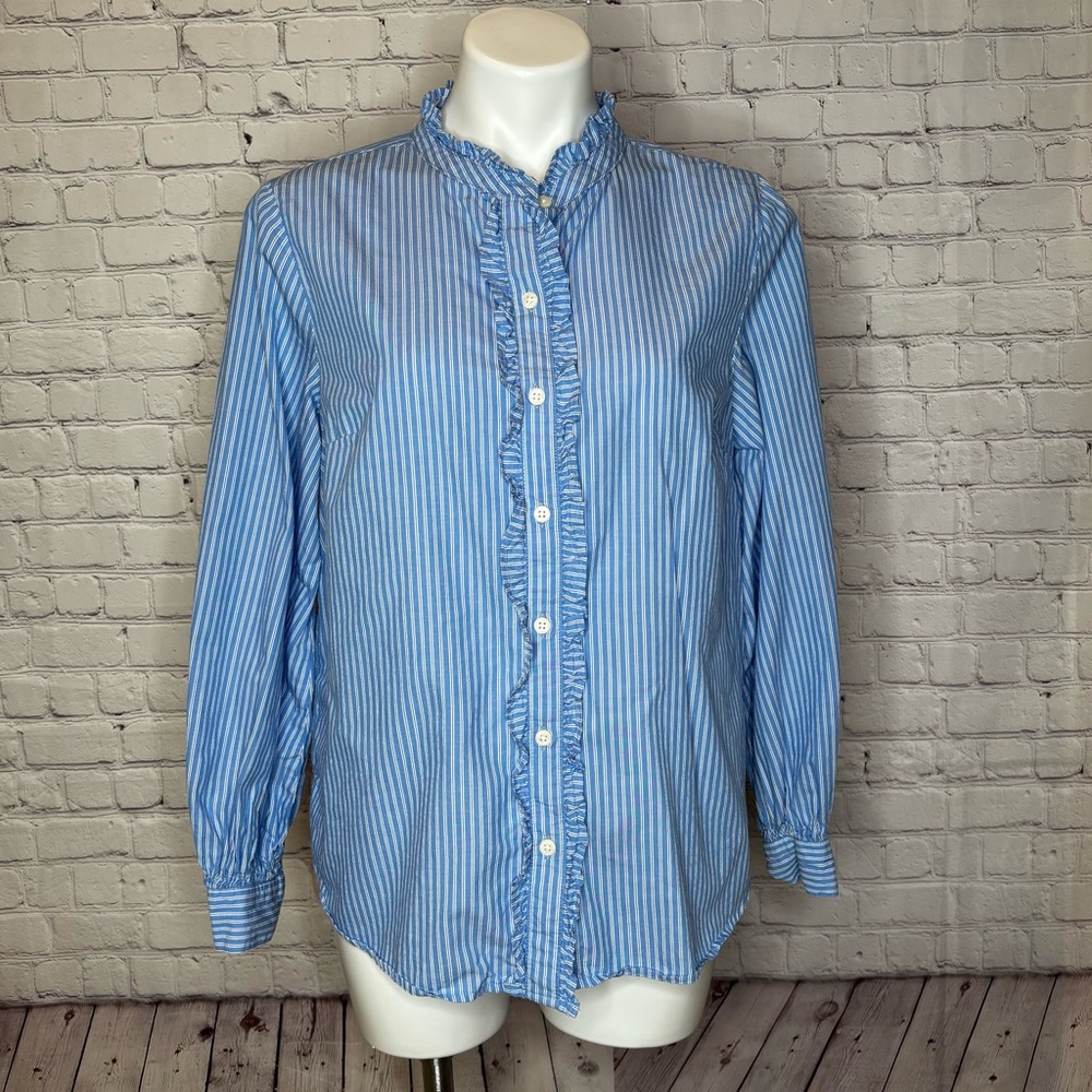 Old Navy Striped Blue and White Top with Ruffle Details Size M